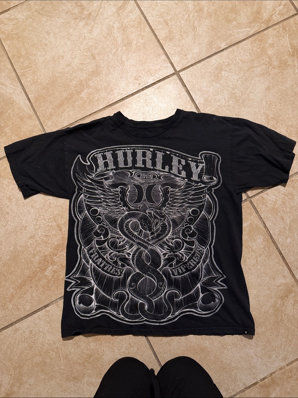 Hurley Black Short Sleeve Tee with Silver Graphic Snake and Wings